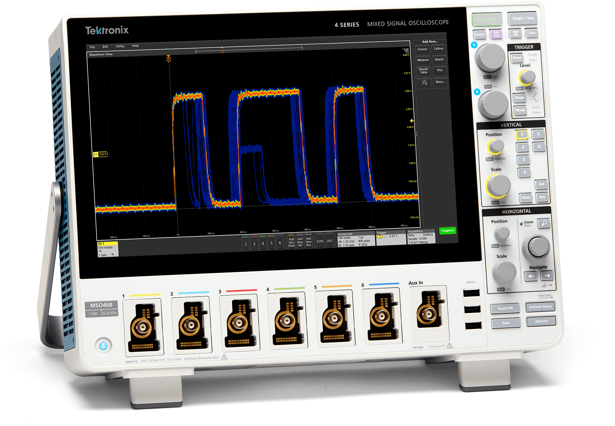 Mixed signal oscilloscope from Tektronix, model MSO46B, displaying a colorful waveform on its screen. The device features multiple input channels, various control knobs for triggering and scaling, and a user-friendly interface designed for electronic testing and analysis.